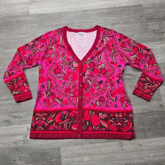 Isaac Mizrahi Live! Red & Pink Floral Print V Neck Button Front Cardigan Sweater - Picture 7 of 7